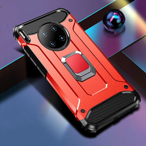 Silicone Matte Finish and Plastic Back Cover Case with Magnetic Finger Ring Stand R01 for Huawei Mate 30 5G Red