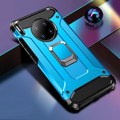 Silicone Matte Finish and Plastic Back Cover Case with Magnetic Finger Ring Stand R01 for Huawei Mate 30E Pro 5G Blue