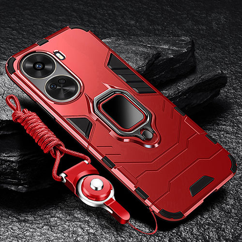 Silicone Matte Finish and Plastic Back Cover Case with Magnetic Finger Ring Stand R01 for Huawei Nova 11 SE Red