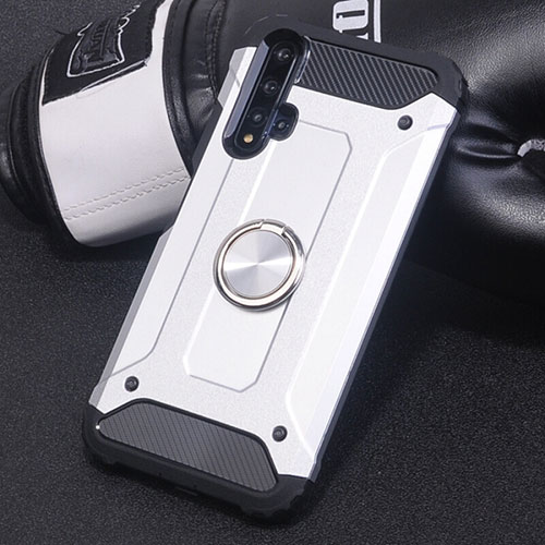 Silicone Matte Finish and Plastic Back Cover Case with Magnetic Finger Ring Stand R01 for Huawei Nova 5 Pro Silver