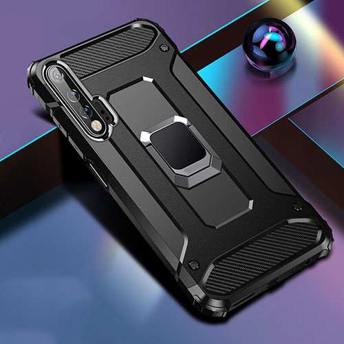 Silicone Matte Finish and Plastic Back Cover Case with Magnetic Finger Ring Stand R01 for Huawei Nova 6 Black