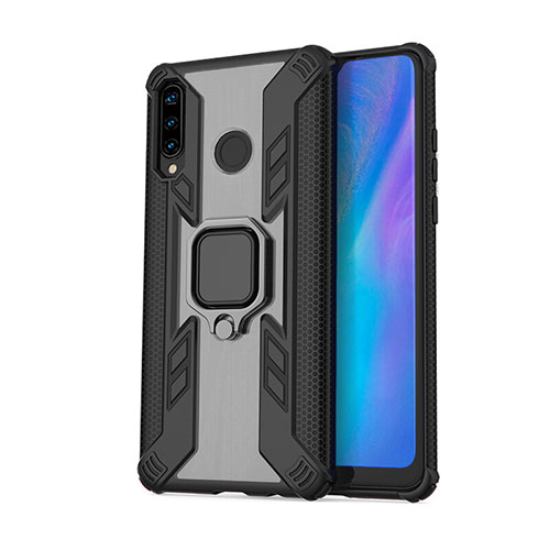 Silicone Matte Finish and Plastic Back Cover Case with Magnetic Finger Ring Stand R01 for Huawei P30 Lite Black