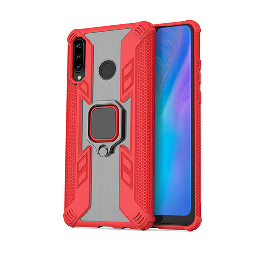 Silicone Matte Finish and Plastic Back Cover Case with Magnetic Finger Ring Stand R01 for Huawei P30 Lite New Edition Red