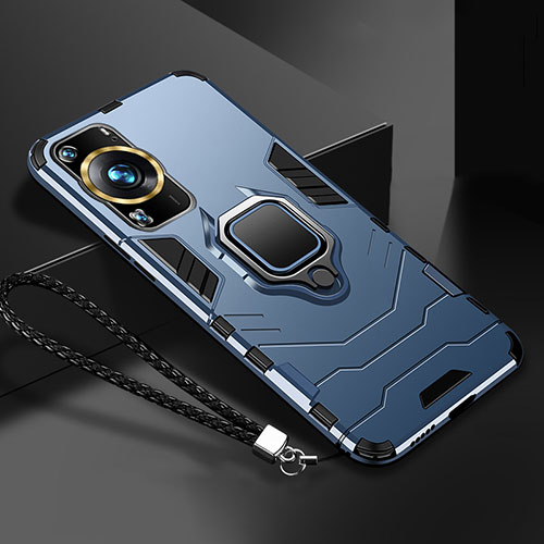 Silicone Matte Finish and Plastic Back Cover Case with Magnetic Finger Ring Stand R01 for Huawei P60 Pro Blue