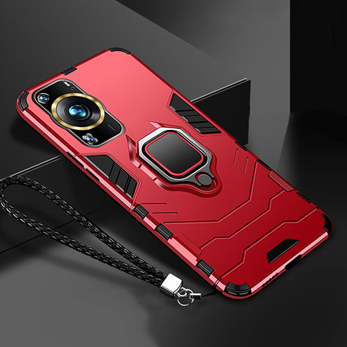 Silicone Matte Finish and Plastic Back Cover Case with Magnetic Finger Ring Stand R01 for Huawei P60 Pro Red