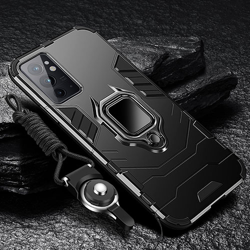 Silicone Matte Finish and Plastic Back Cover Case with Magnetic Finger Ring Stand R01 for OnePlus 9RT 5G Black