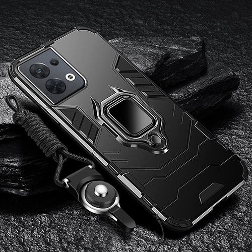 Silicone Matte Finish and Plastic Back Cover Case with Magnetic Finger Ring Stand R01 for Oppo Reno8 Pro+ Plus 5G Black