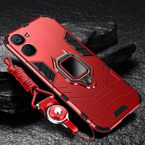 Silicone Matte Finish and Plastic Back Cover Case with Magnetic Finger Ring Stand R01 for Realme Q5x 5G Red