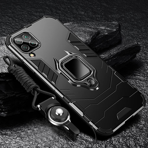 Silicone Matte Finish and Plastic Back Cover Case with Magnetic Finger Ring Stand R01 for Samsung Galaxy A12 Nacho Black