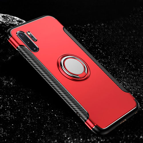 Silicone Matte Finish and Plastic Back Cover Case with Magnetic Finger Ring Stand R01 for Samsung Galaxy Note 10 Plus 5G Red