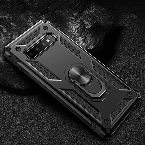 Silicone Matte Finish and Plastic Back Cover Case with Magnetic Finger Ring Stand R01 for Samsung Galaxy S10 5G Black