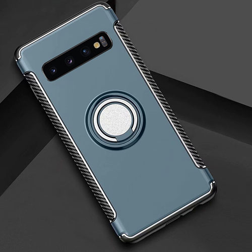 Silicone Matte Finish and Plastic Back Cover Case with Magnetic Finger Ring Stand R01 for Samsung Galaxy S10 Plus Sky Blue