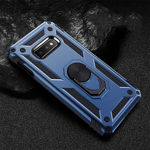 Silicone Matte Finish and Plastic Back Cover Case with Magnetic Finger Ring Stand R01 for Samsung Galaxy S10e Blue