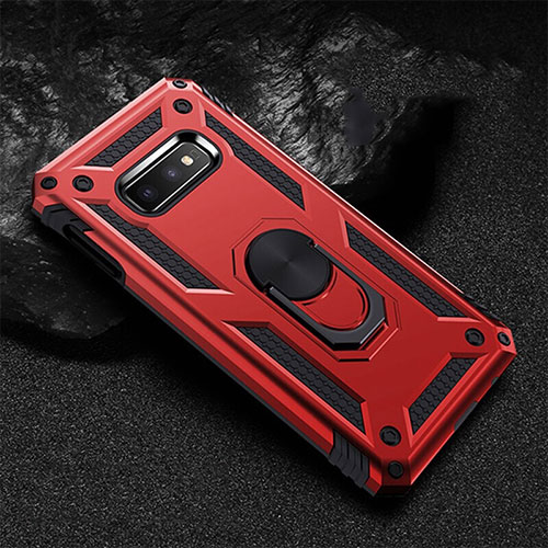 Silicone Matte Finish and Plastic Back Cover Case with Magnetic Finger Ring Stand R01 for Samsung Galaxy S10e Red