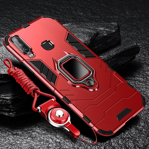 Silicone Matte Finish and Plastic Back Cover Case with Magnetic Finger Ring Stand R01 for Vivo Y12 Red