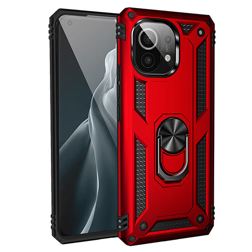 Silicone Matte Finish and Plastic Back Cover Case with Magnetic Finger Ring Stand R01 for Xiaomi Mi 11 Lite 5G NE Red