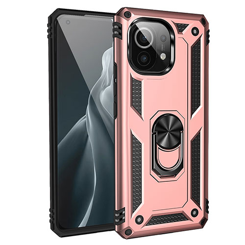 Silicone Matte Finish and Plastic Back Cover Case with Magnetic Finger Ring Stand R01 for Xiaomi Mi 11 Lite 5G NE Rose Gold