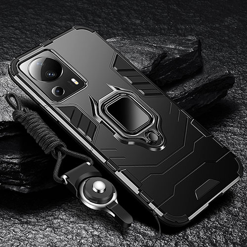 Silicone Matte Finish and Plastic Back Cover Case with Magnetic Finger Ring Stand R01 for Xiaomi Mi 12 Lite NE 5G Black