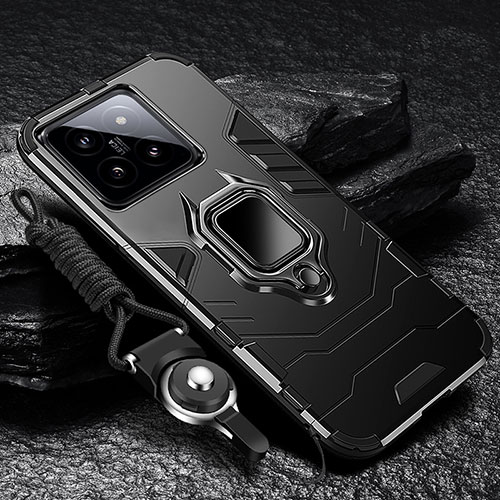 Silicone Matte Finish and Plastic Back Cover Case with Magnetic Finger Ring Stand R01 for Xiaomi Mi 14 5G Black