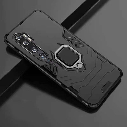 Silicone Matte Finish and Plastic Back Cover Case with Magnetic Finger Ring Stand R01 for Xiaomi Mi Note 10 Black