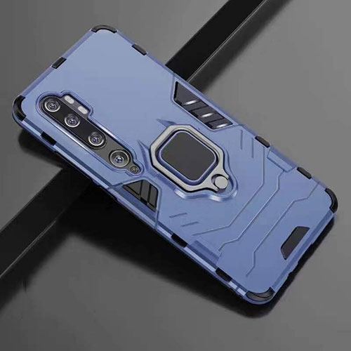 Silicone Matte Finish and Plastic Back Cover Case with Magnetic Finger Ring Stand R01 for Xiaomi Mi Note 10 Blue