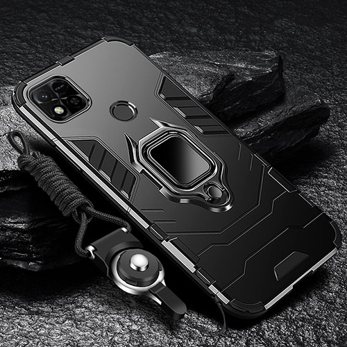 Silicone Matte Finish and Plastic Back Cover Case with Magnetic Finger Ring Stand R01 for Xiaomi POCO C31 Black