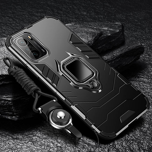 Silicone Matte Finish and Plastic Back Cover Case with Magnetic Finger Ring Stand R01 for Xiaomi Poco F3 5G Black