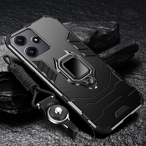 Silicone Matte Finish and Plastic Back Cover Case with Magnetic Finger Ring Stand R01 for Xiaomi Poco M6 Pro 5G Black