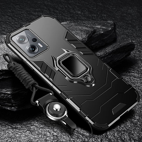 Silicone Matte Finish and Plastic Back Cover Case with Magnetic Finger Ring Stand R01 for Xiaomi Poco X4 GT 5G Black