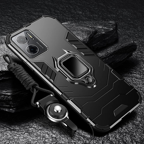 Silicone Matte Finish and Plastic Back Cover Case with Magnetic Finger Ring Stand R01 for Xiaomi Redmi 11 Prime 5G Black