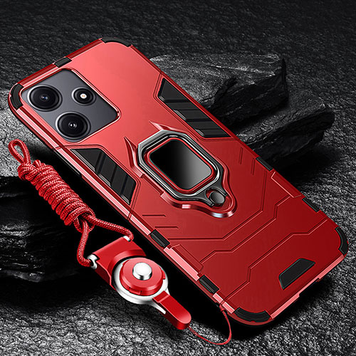 Silicone Matte Finish and Plastic Back Cover Case with Magnetic Finger Ring Stand R01 for Xiaomi Redmi 12 5G Red