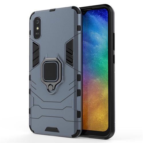 Silicone Matte Finish and Plastic Back Cover Case with Magnetic Finger Ring Stand R01 for Xiaomi Redmi 9AT Blue