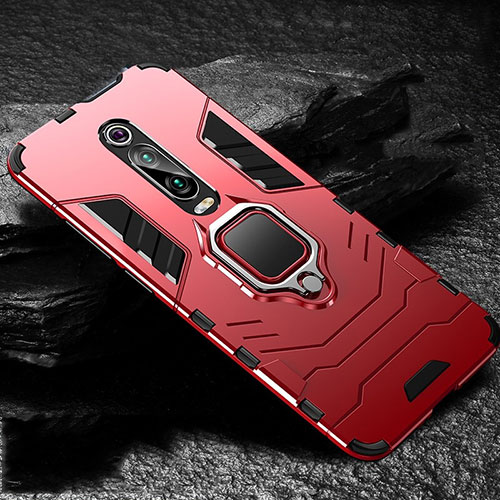 Silicone Matte Finish and Plastic Back Cover Case with Magnetic Finger Ring Stand R01 for Xiaomi Redmi K20 Pro Red