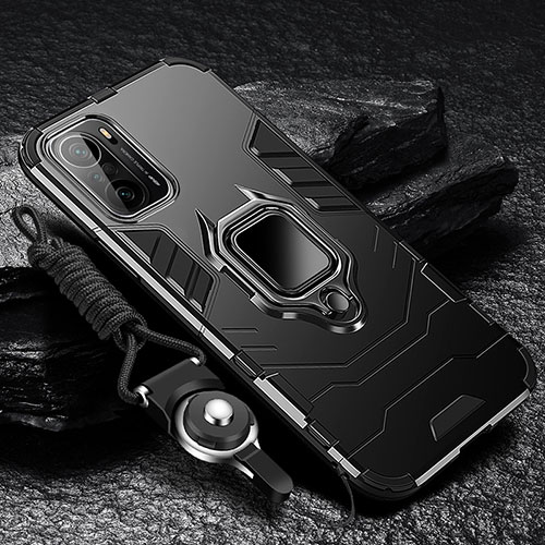 Silicone Matte Finish and Plastic Back Cover Case with Magnetic Finger Ring Stand R01 for Xiaomi Redmi K40 5G Black