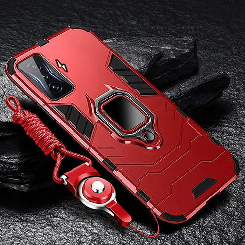 Silicone Matte Finish and Plastic Back Cover Case with Magnetic Finger Ring Stand R01 for Xiaomi Redmi K50 Gaming AMG F1 5G Red