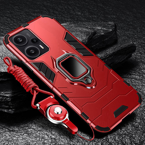 Silicone Matte Finish and Plastic Back Cover Case with Magnetic Finger Ring Stand R01 for Xiaomi Redmi Note 12 Turbo 5G Red