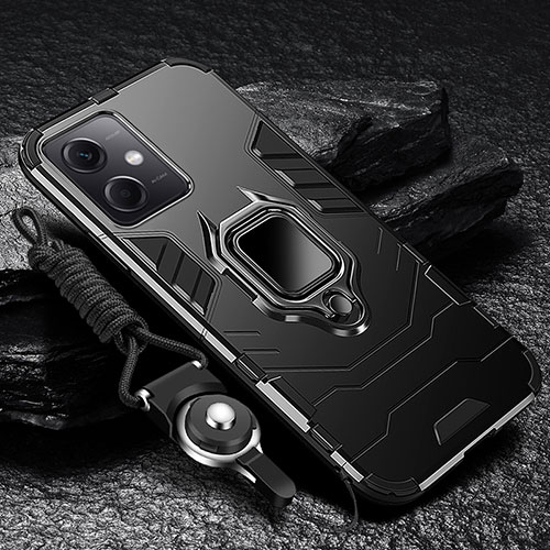 Silicone Matte Finish and Plastic Back Cover Case with Magnetic Finger Ring Stand R01 for Xiaomi Redmi Note 12R Pro 5G Black