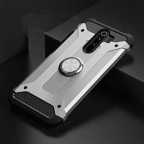 Silicone Matte Finish and Plastic Back Cover Case with Magnetic Finger Ring Stand R01 for Xiaomi Redmi Note 8 Pro Silver