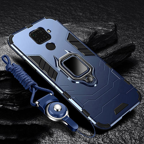 Silicone Matte Finish and Plastic Back Cover Case with Magnetic Finger Ring Stand R01 for Xiaomi Redmi Note 9 Blue