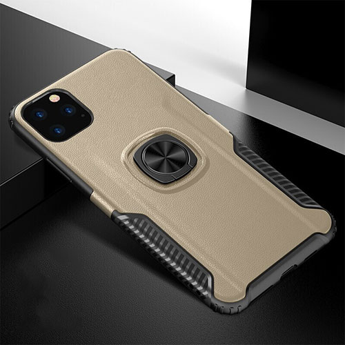 Silicone Matte Finish and Plastic Back Cover Case with Magnetic Finger Ring Stand R02 for Apple iPhone 11 Pro Gold