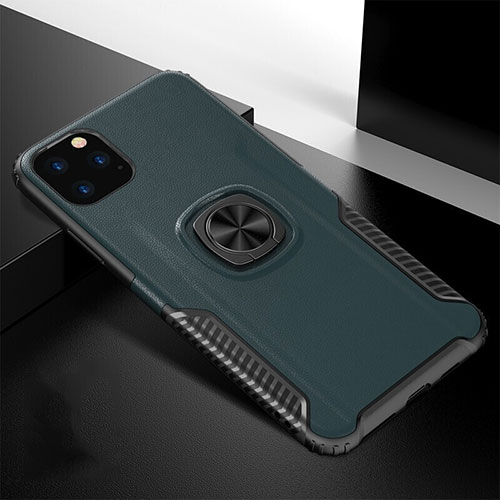 Silicone Matte Finish and Plastic Back Cover Case with Magnetic Finger Ring Stand R02 for Apple iPhone 11 Pro Max Green