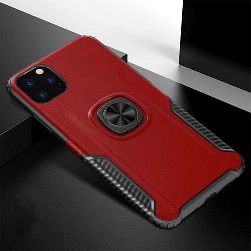 Silicone Matte Finish and Plastic Back Cover Case with Magnetic Finger Ring Stand R02 for Apple iPhone 11 Pro Max Red