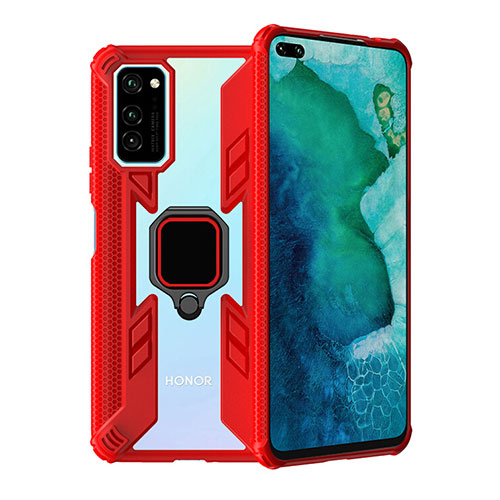 Silicone Matte Finish and Plastic Back Cover Case with Magnetic Finger Ring Stand R02 for Huawei Honor V30 5G Red