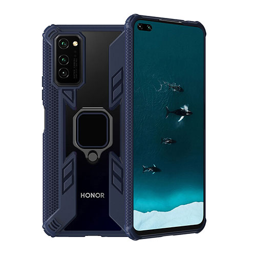 Silicone Matte Finish and Plastic Back Cover Case with Magnetic Finger Ring Stand R02 for Huawei Honor V30 Pro 5G Blue