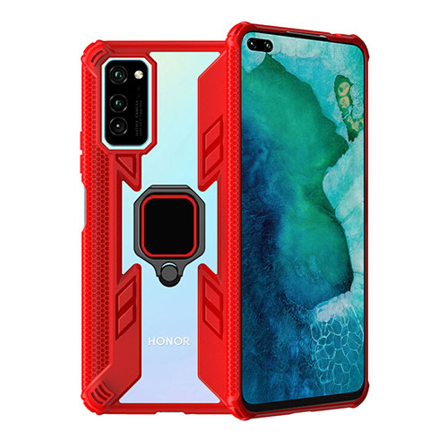 Silicone Matte Finish and Plastic Back Cover Case with Magnetic Finger Ring Stand R02 for Huawei Honor V30 Pro 5G Red