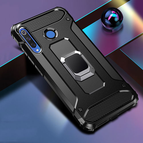 Silicone Matte Finish and Plastic Back Cover Case with Magnetic Finger Ring Stand R02 for Huawei Nova 4e Black