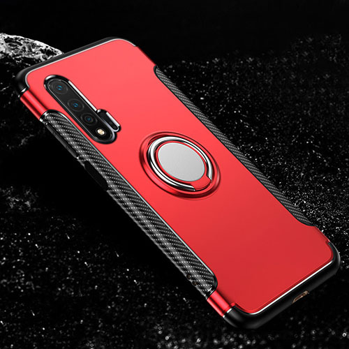 Silicone Matte Finish and Plastic Back Cover Case with Magnetic Finger Ring Stand R02 for Huawei Nova 6 Red