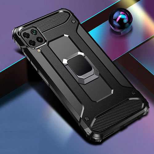 Silicone Matte Finish and Plastic Back Cover Case with Magnetic Finger Ring Stand R02 for Huawei Nova 6 SE Black