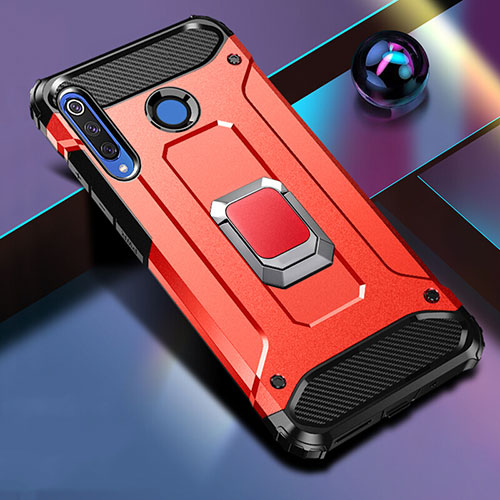 Silicone Matte Finish and Plastic Back Cover Case with Magnetic Finger Ring Stand R02 for Huawei P30 Lite Red