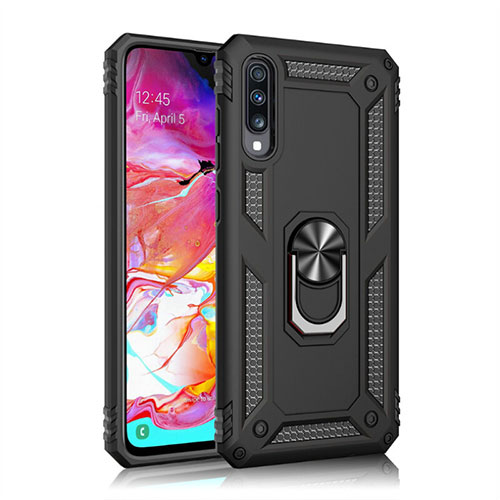 Silicone Matte Finish and Plastic Back Cover Case with Magnetic Finger Ring Stand R02 for Samsung Galaxy A70 Black